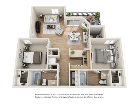 Floor plan for 2 beds, 2 baths, 952 sqft